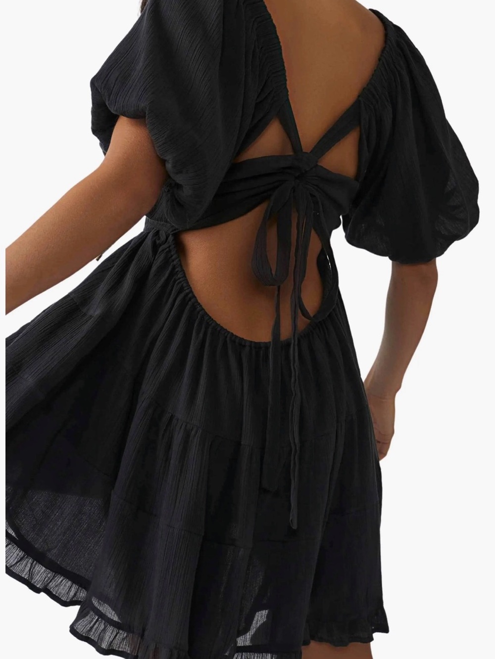 Free People Blue Open Back Mini Dress XS Puff Sleeve Boho Gauze Tie Back - Picture 2 of 9